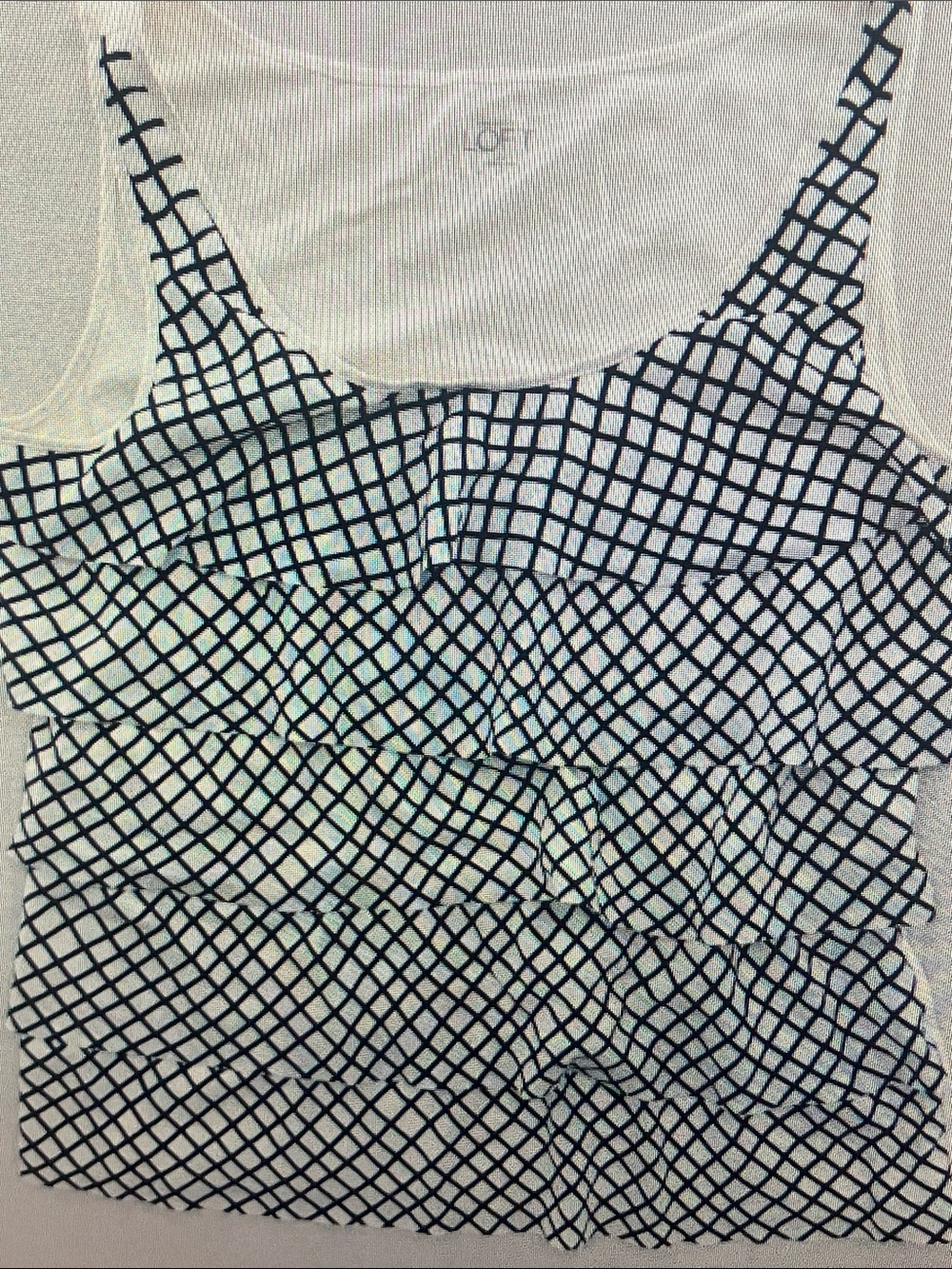 LOFT White Scoop Neck Tank with Black Lattice Ruffle Front